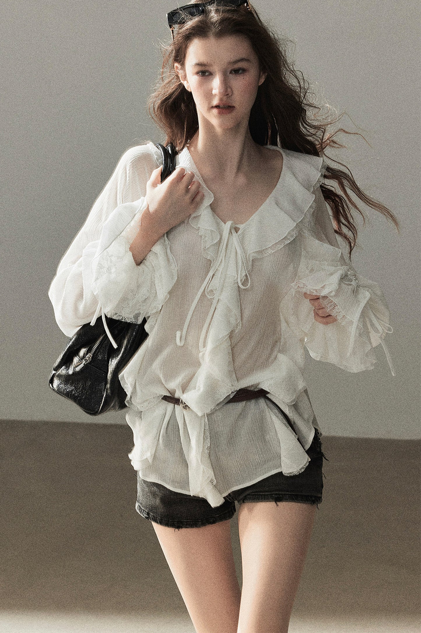 Set aus transparenter Chiffon-Cover-up-Bluse mit Rüschen
