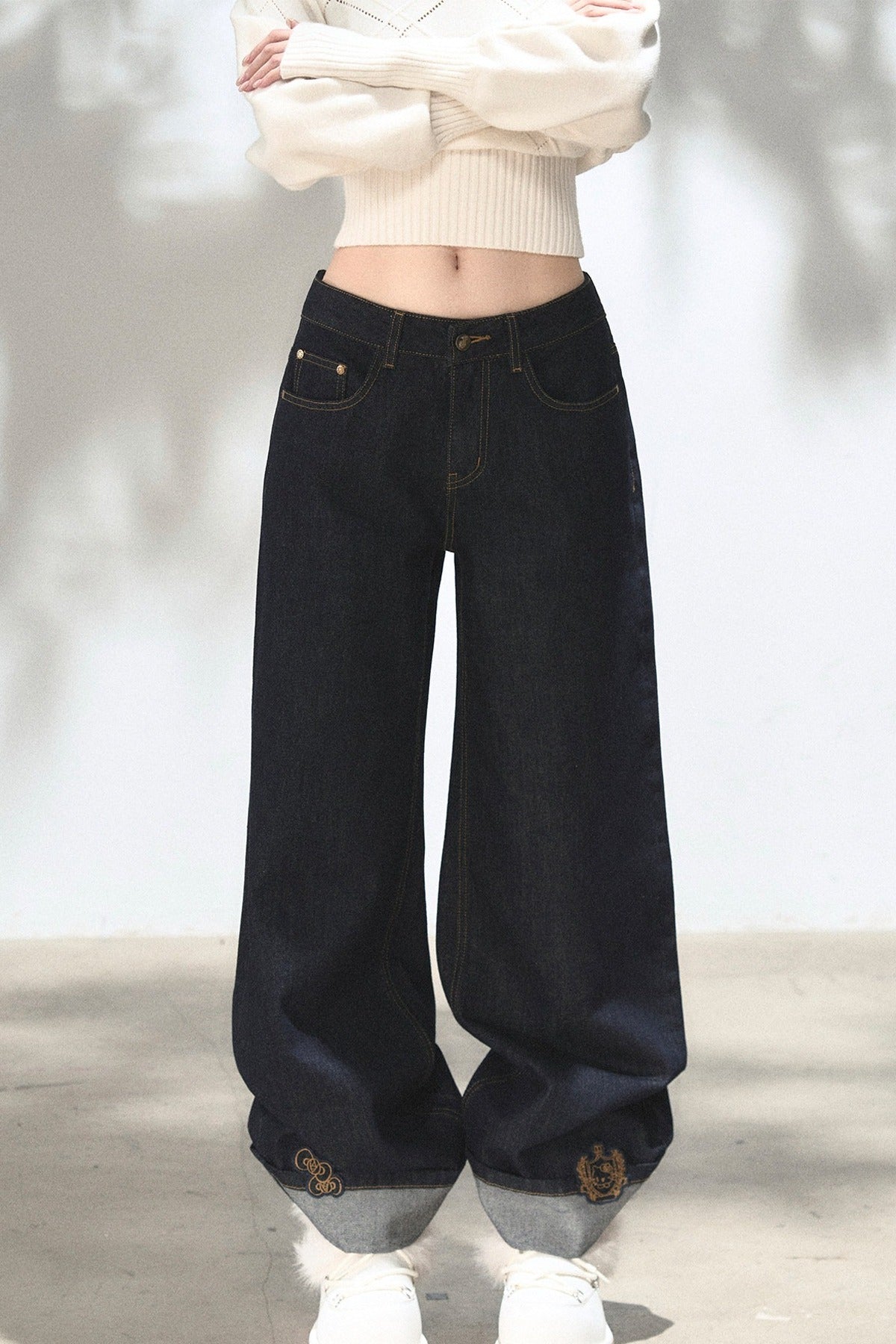 Embroidered Cat Raw Denim Jeans