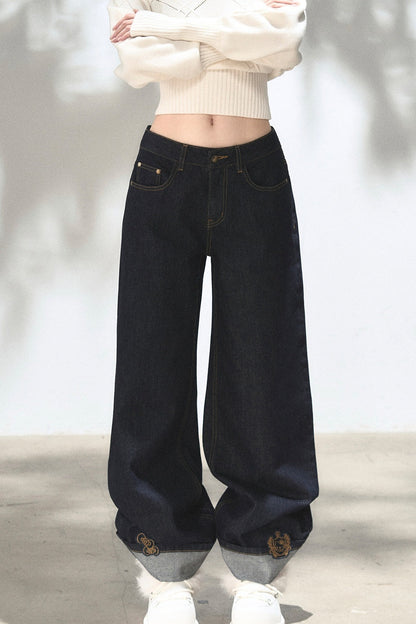 Embroidered Cat Raw Denim Jeans