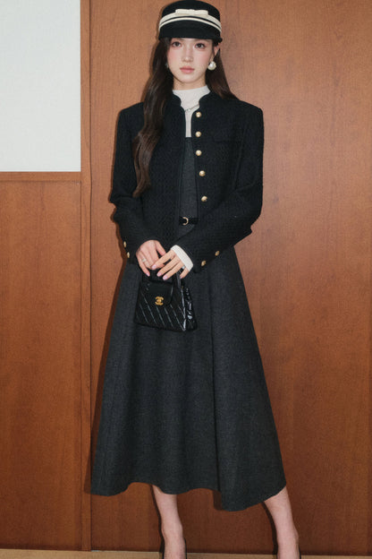 Black Tweed Jacket and Square-Neck Dress Set-Up