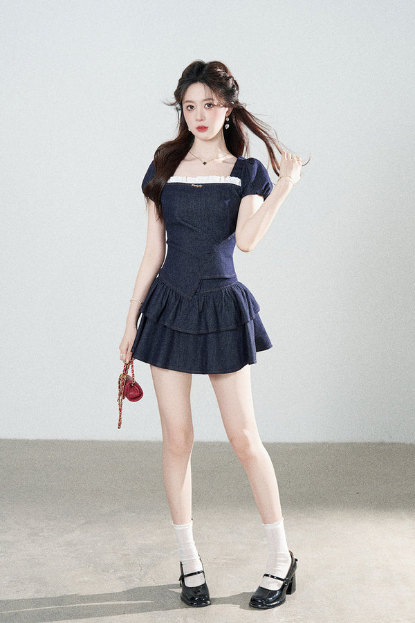 Denim Puff Sleeve Top And Skirt Set