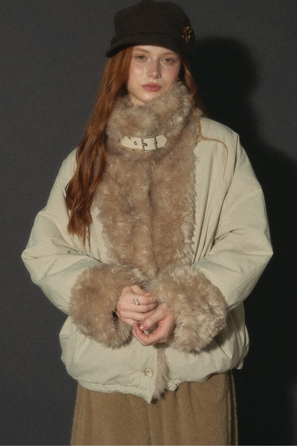 Wheat Spike Floral Plush Stand Collar Jacket