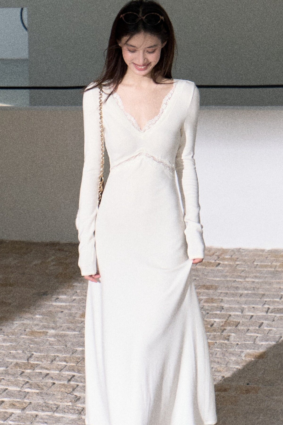 A-Line Lace Splicing Knit Long-Sleeve Dress