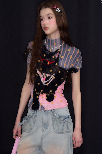 Pleated Cat Print Blouse