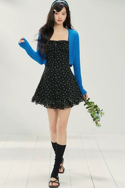 Floral Knit Cardigan & Dress Layered Top