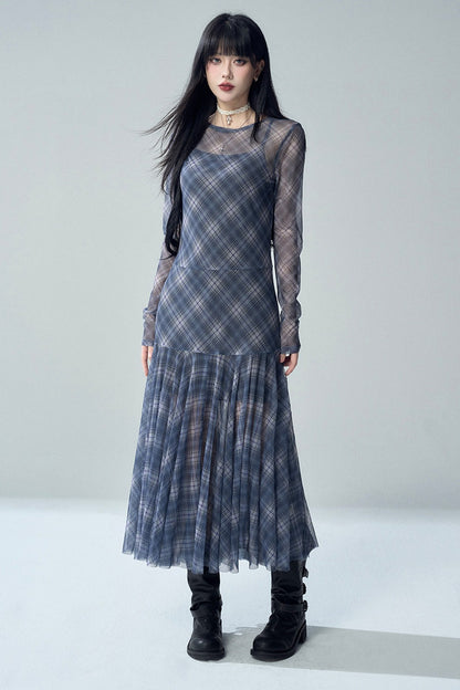 Blue Plaid Long Sleeve Dress Set
