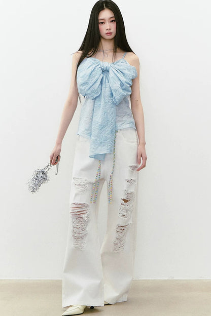 Rhinestone Ripped Denim Pants
