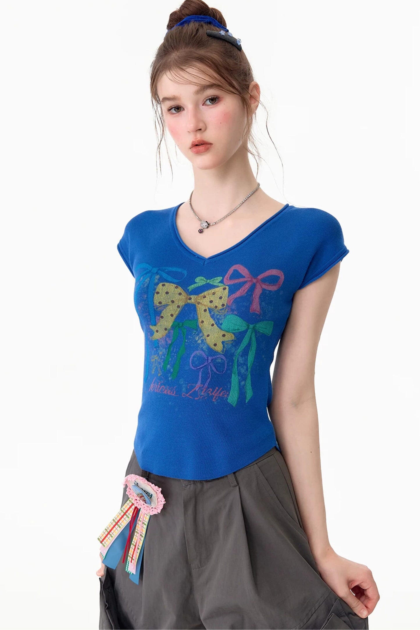 Bow Print V-Neck Short Sleeve T-Shirt