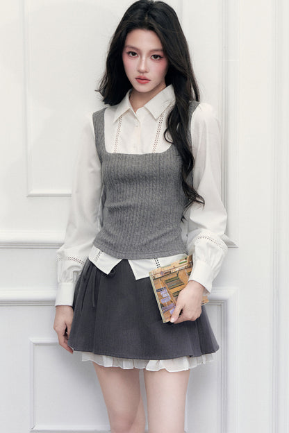 Gray Knit Vest Blouse and Skirt Set-Up