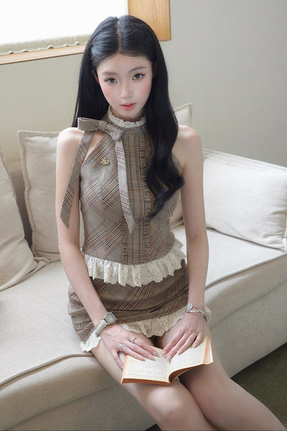 Lace Halter Top & Skirt Two-Piece Set-Up