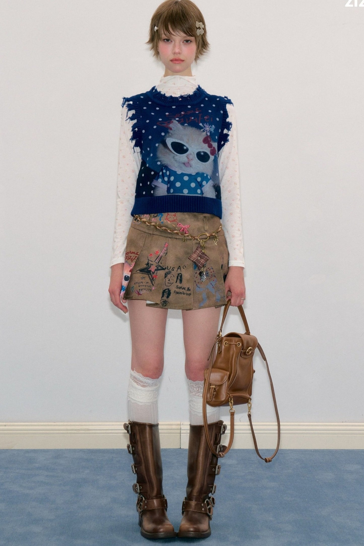 Navy Blue Cat Print Polka Dot Vest