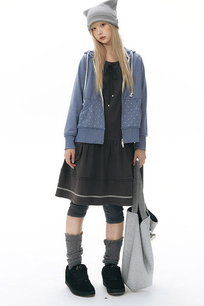 Distressed Floral Print Hooded Open Front Jacket