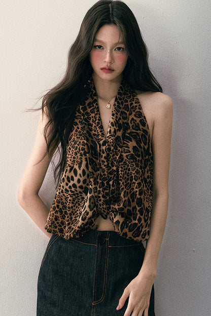 Neckholder-Top mit Leopardenmuster und Knoten