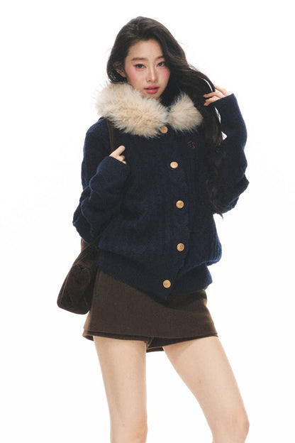 Fur Collar Knitted Cardigan and Skirt Set-Up