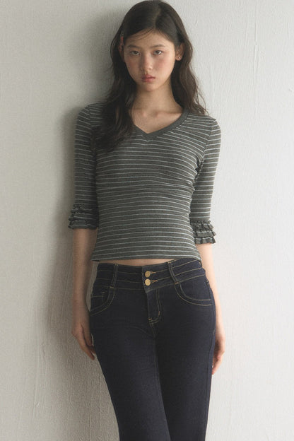 Striped Ruffled Patchwork Mid-Sleeve Top and Pants Set-Up
