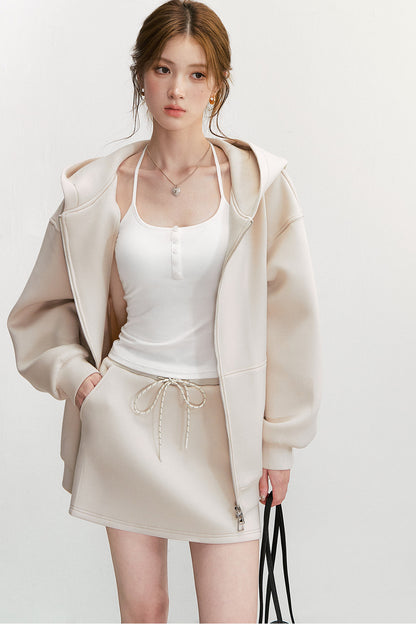 Long-Sleeved Oversized Hooded Sweatshirt Jacket And Skirt Set-Up