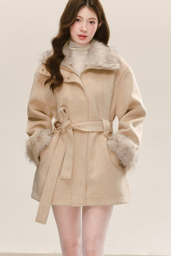 Quilted Faux Fur Collar Lace-Up Woolen Jacket