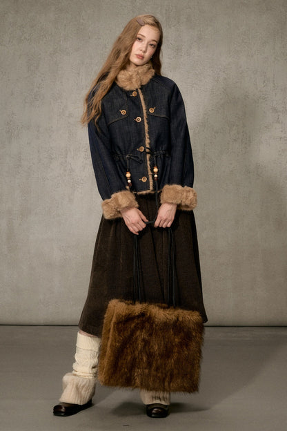 Fur Collar Denim Drawstring Jacket