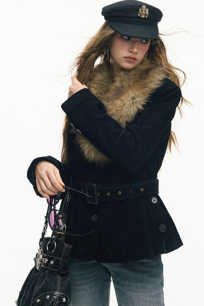 Belted Suede Fur Collar Jacket