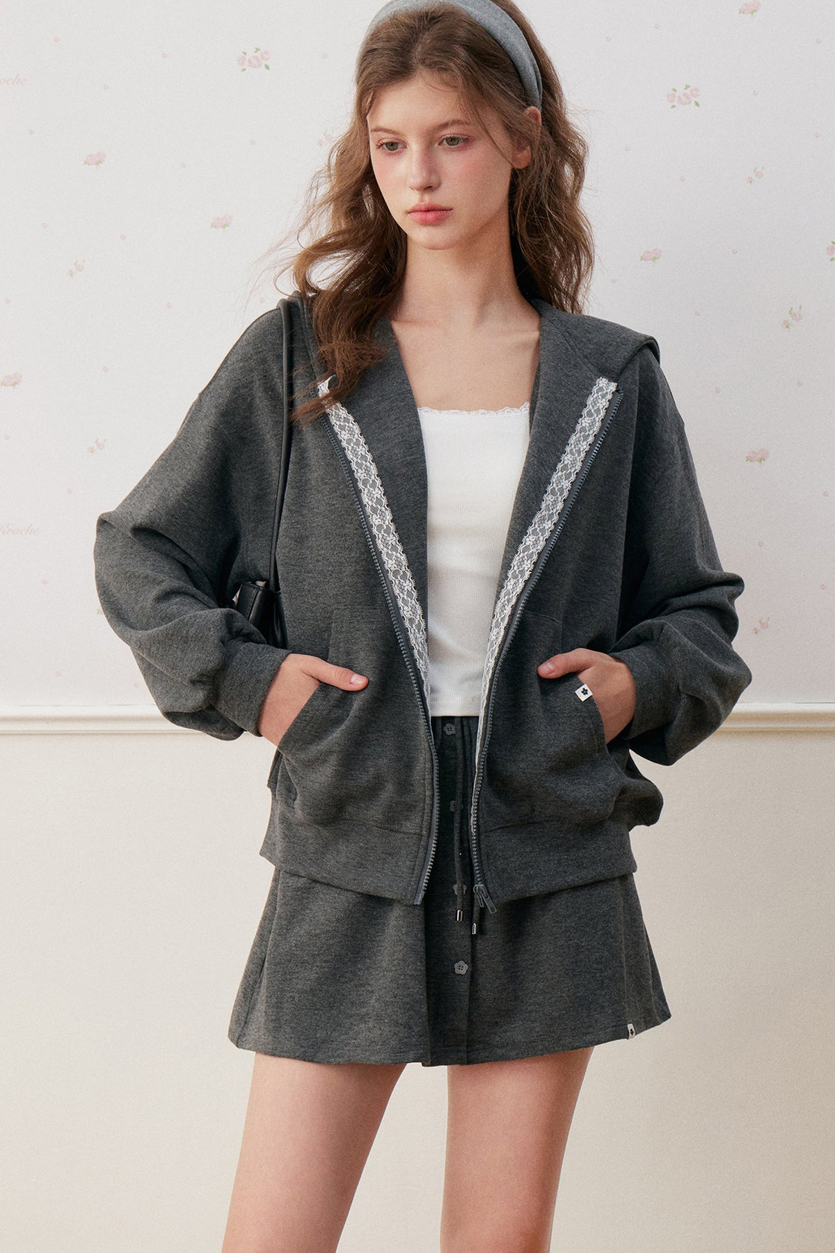 Lace Trim Hoodie And A-Line Skirt Set-Up