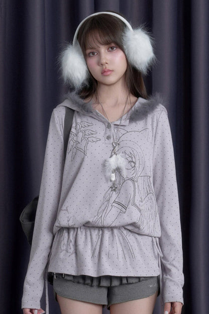 Gray Purple Printed Hoodie