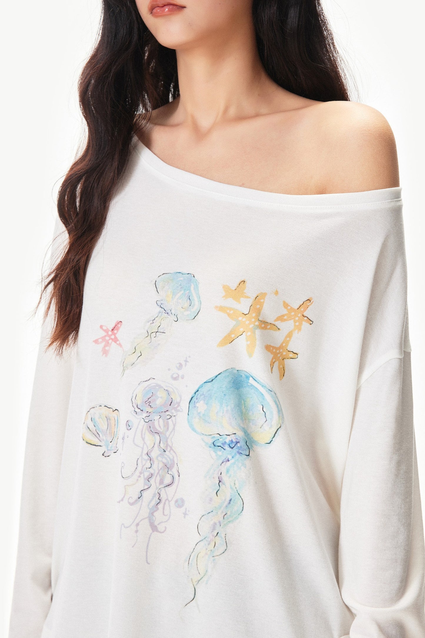 Watercolor Print Off-shoulder Long Sleeve Top