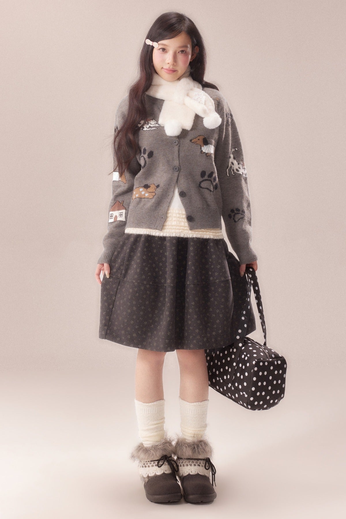 Paw Print Jacquard Knit Cardigan