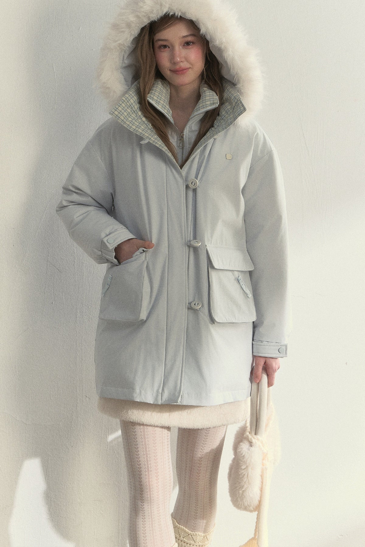 Patchwork Plaid Fur Collar Down Jacket