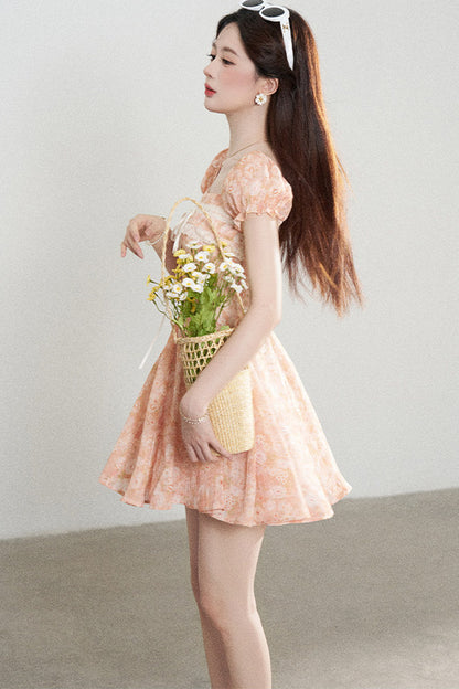 Square-Neck Floral Puff-Sleeve Chiffon Dress