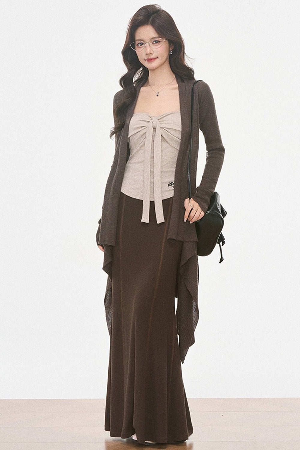 Ensemble 3 pièces en maille irrégulière avec cardigan et jupe