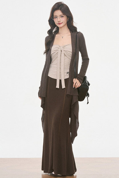 Ensemble 3 pièces en maille irrégulière avec cardigan et jupe