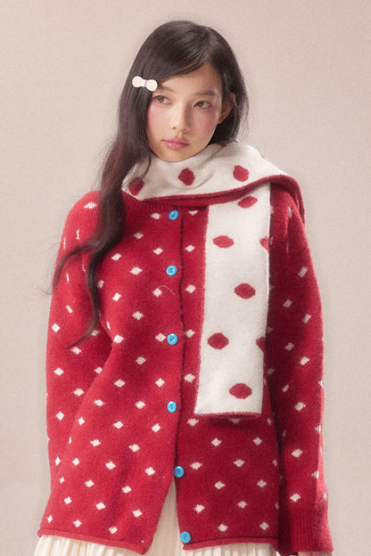 Polka Dot Scarf Knit Cardigan