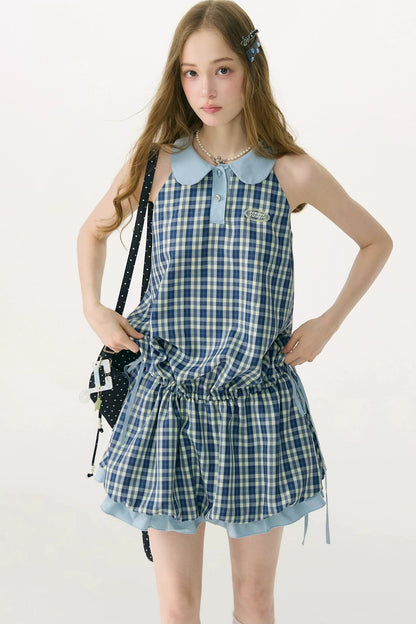 Robe bleue à carreaux avec col Claudine