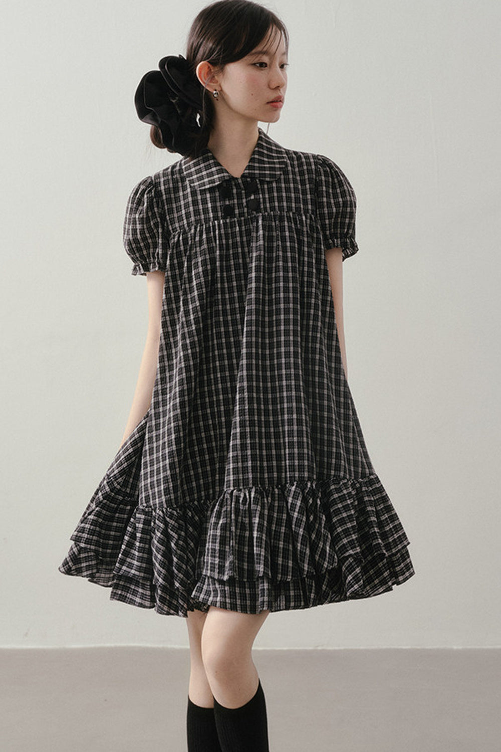 Plaid Doll Collar Puff Sleeve Ruffle Dress