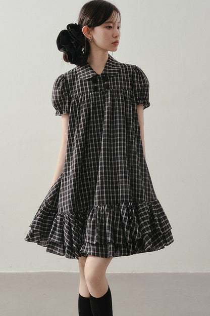 Plaid Doll Collar Puff Sleeve Ruffle Dress