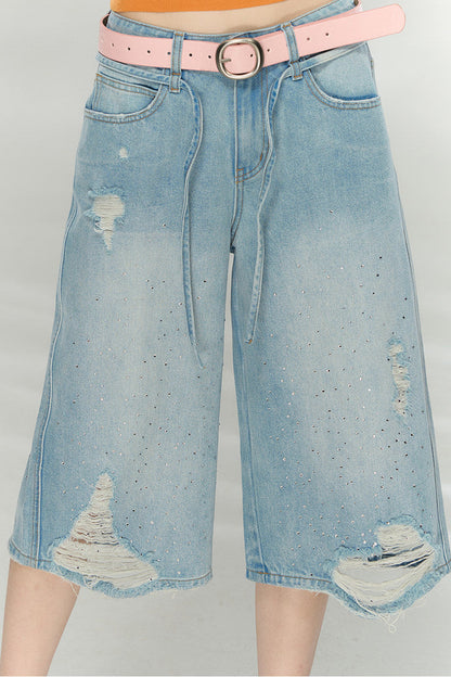 Rhinestone Distressed Denim Pants