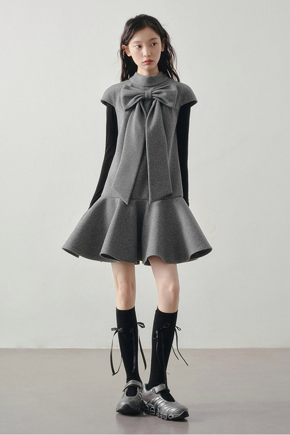 Woolen Bow Flutter Sleeve Dress