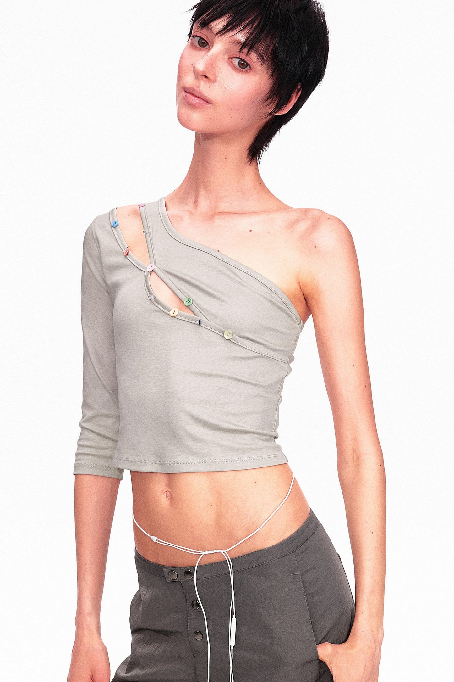 Asymmetrical Color-Button Off-Shoulder Top