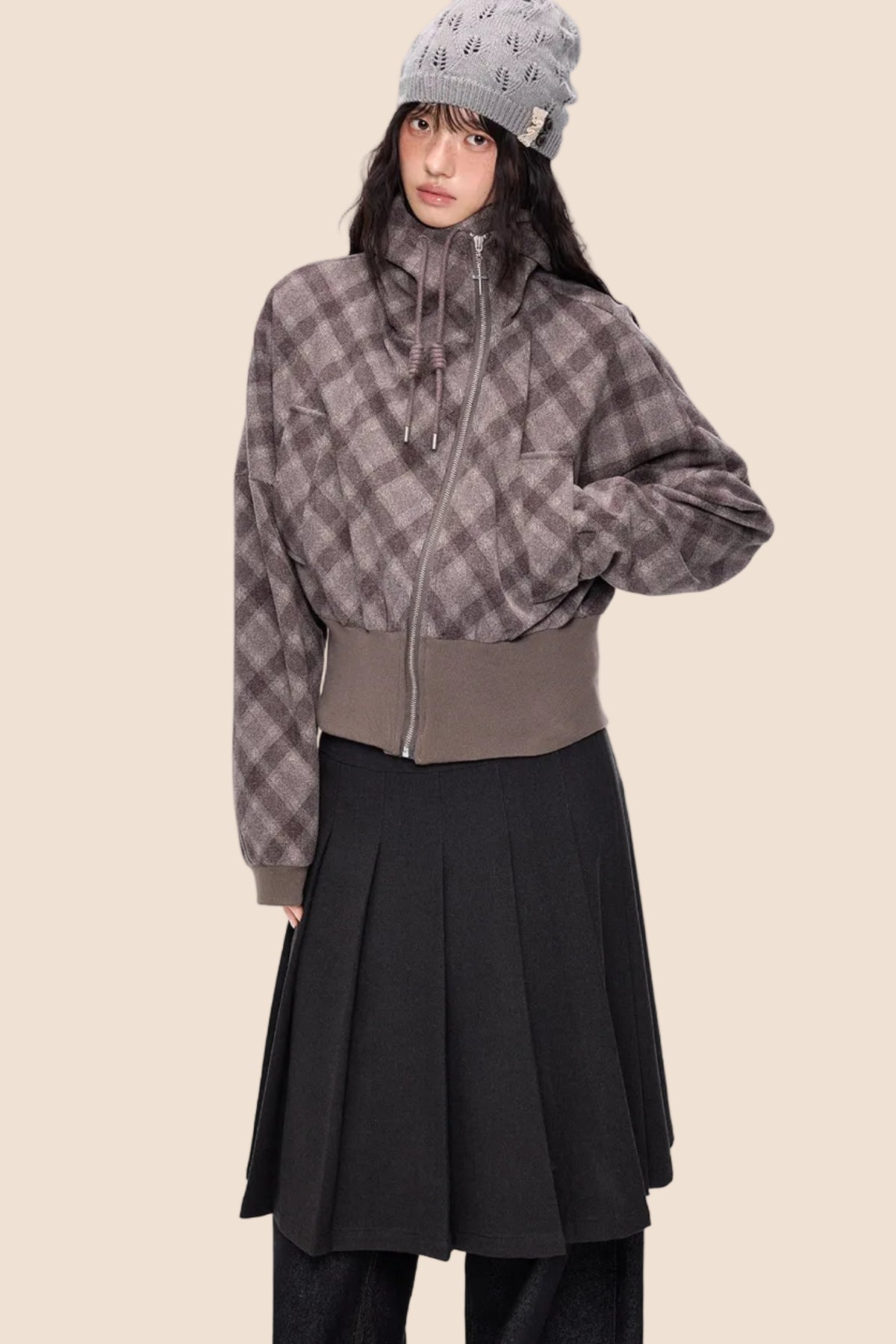 Plaid Patchwork Hem Hooded Jacket