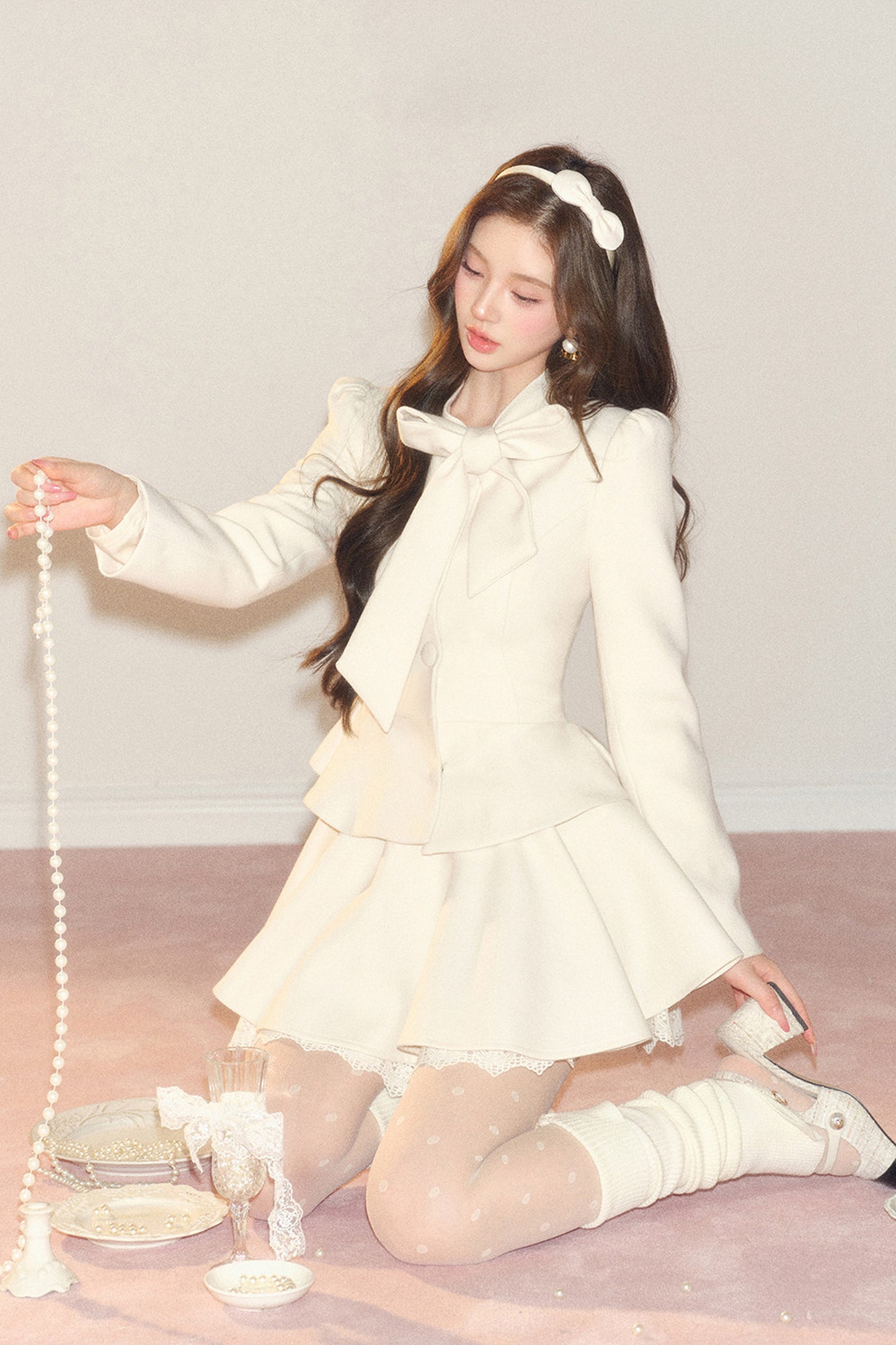 French Hepburn Style Imitation Wool Top and Skirt Set-Up