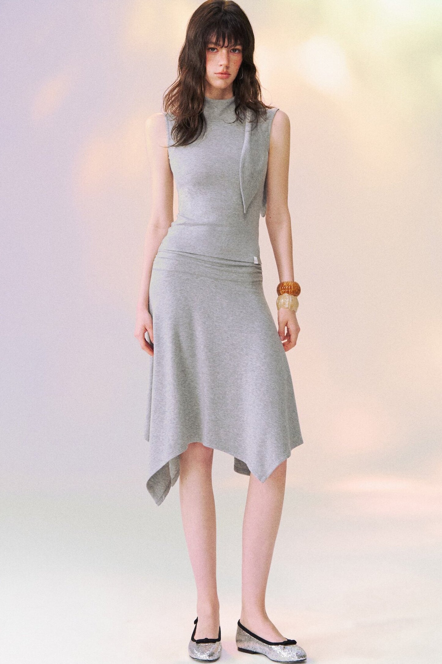 Ribbon Tie Sleeveless Top and Asymmetrical Skirt Set-Up