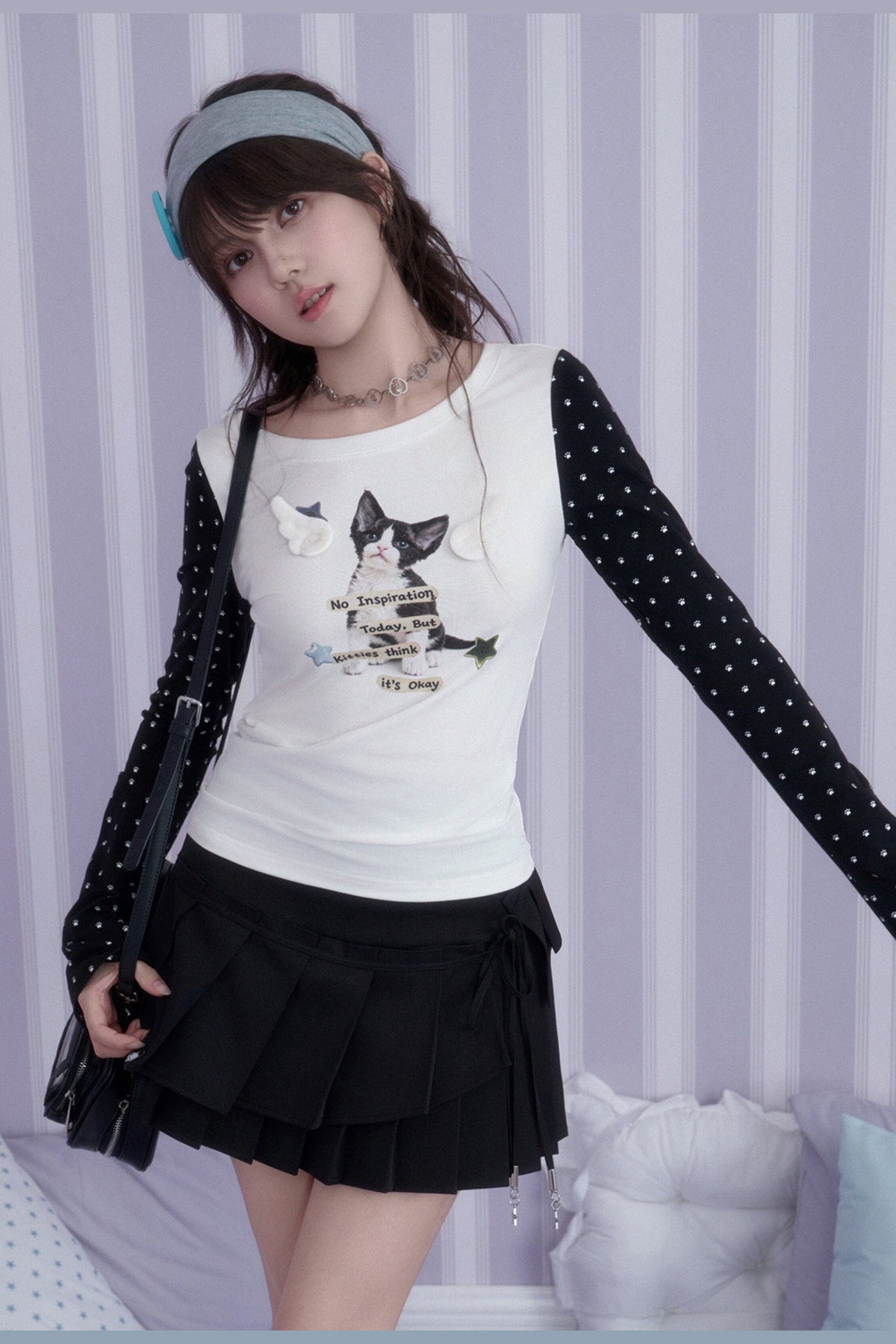 Cat Print Waist-Cinching T-Shirt