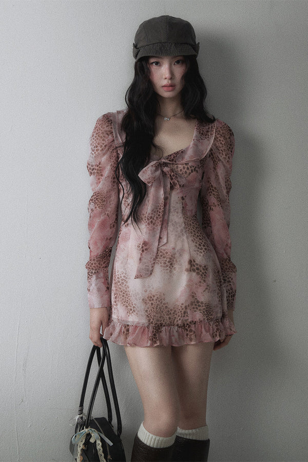 Pink Leopard Print Bow Tie U-Neck Dress