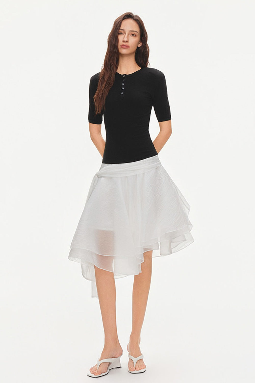 Padded Shoulder Henley Knit Top