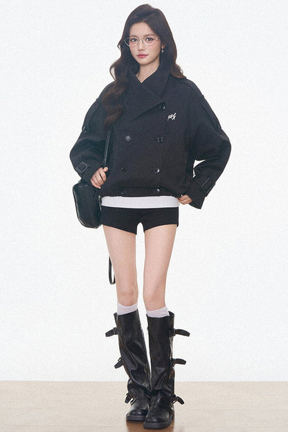 Vintage Double-Breasted Trench Coat and Cuffed Shorts Set-Up