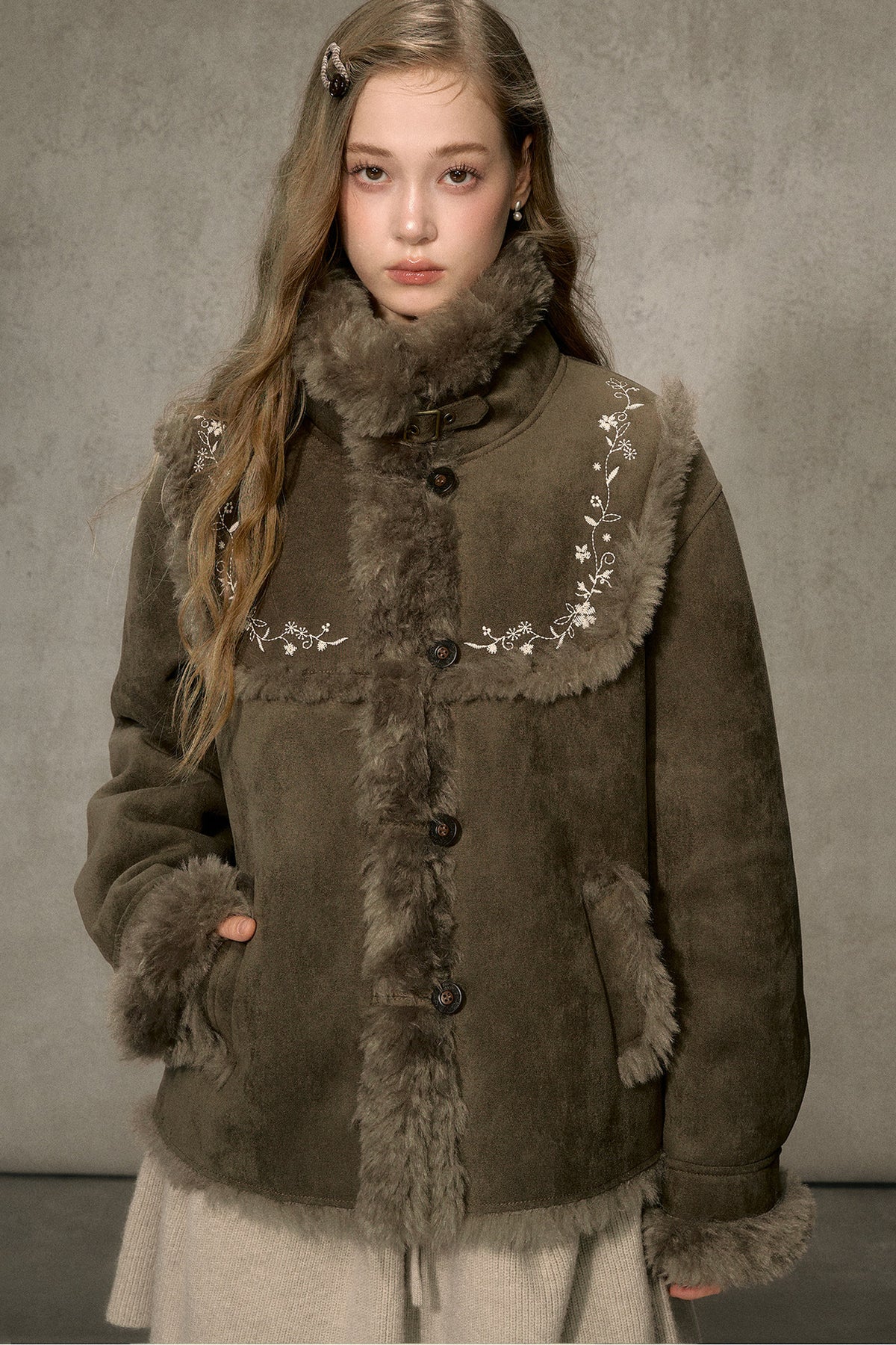 Embroidered Fur Collar Shearling Jacket