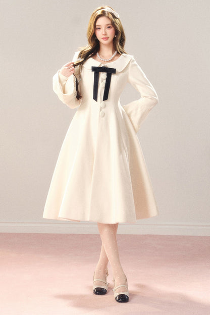 Flared Off-White Mid-Length Coat Dress