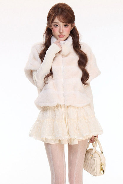 Rabbit Fur Jacket and Polka Dot Lace Skirt Set-Up