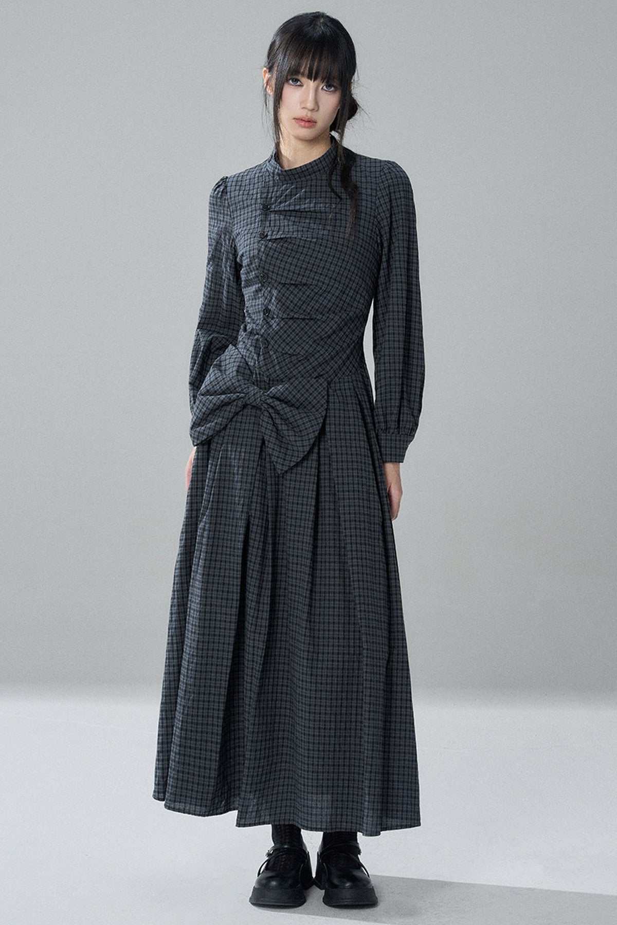 Plaid Bow Long Sleeve Dress