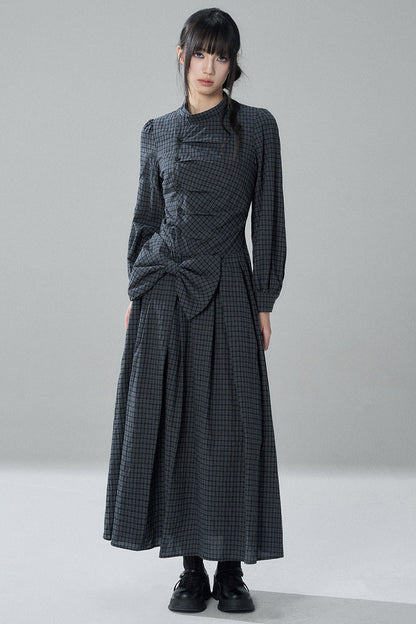 Plaid Bow Long Sleeve Dress